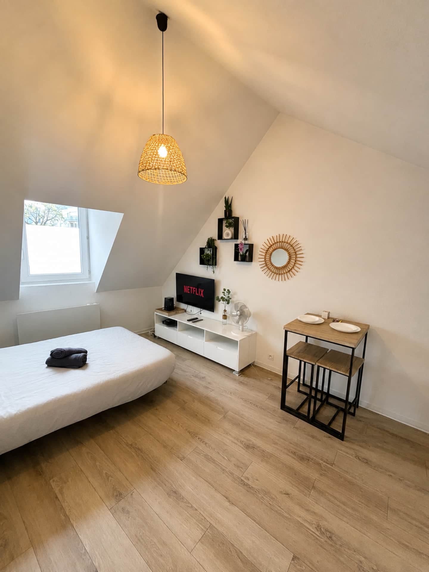 Pièce mansardée avec lit double et télévision